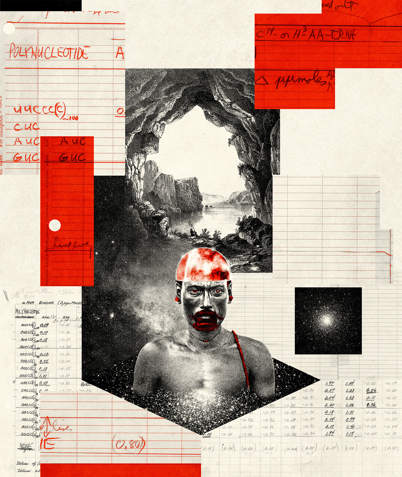 Collage av en mann malt, satt mot en naturbakgrunn, omgitt av notater og diagrammer på papirer med røde aksenter.